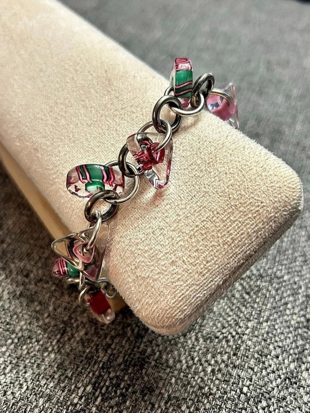 Y2K Sterling Silver 925 geometric glass bead pink and green bracelet